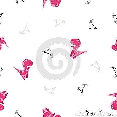 Seamless dinosaur pattern. Animal white background with pink dino. Vector illustration. Vector Illustration